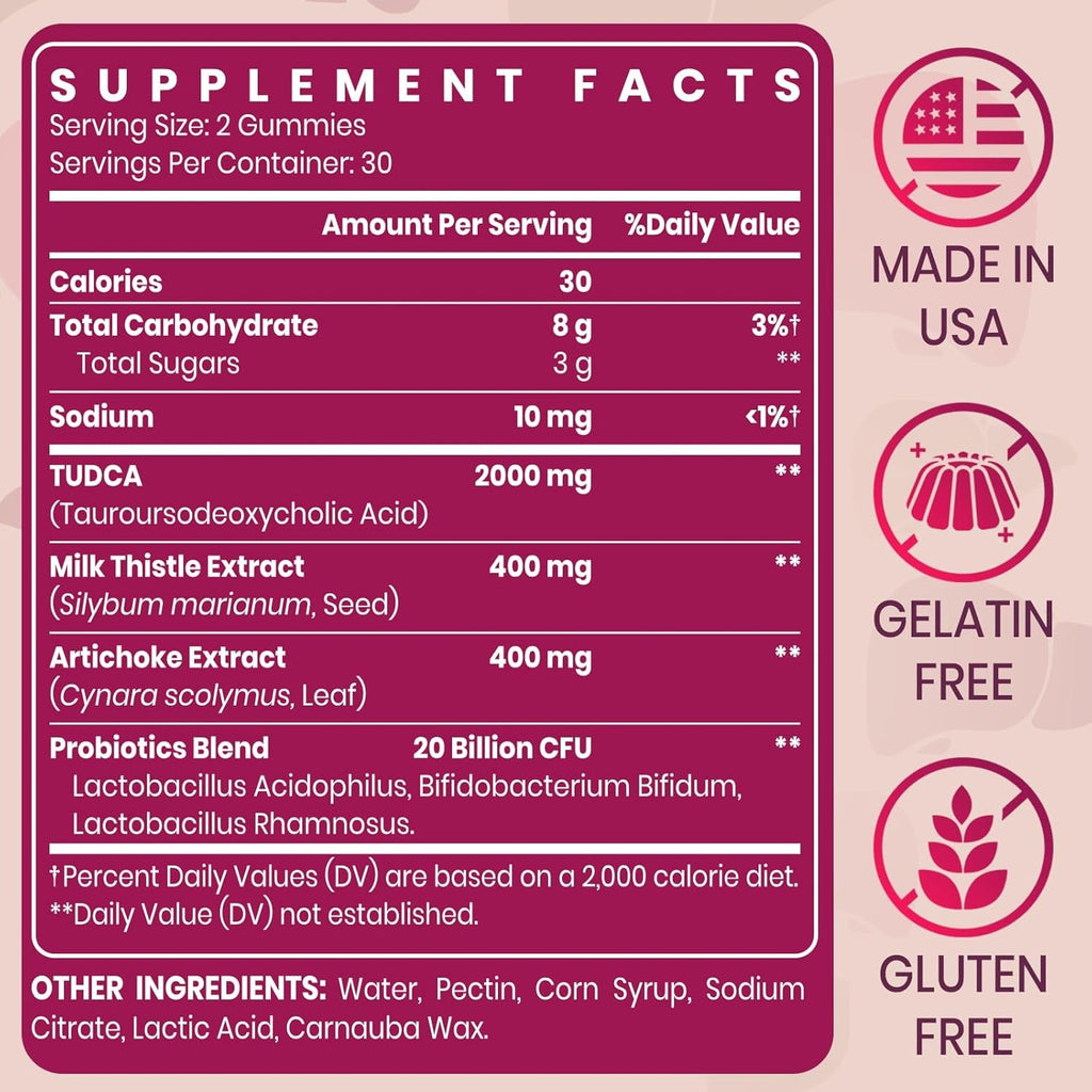 Premium TUDCA Bile Salts Gummies - 2000Mg High Potency Liver Support Supplement, Liver Detox & Repair with Milk Thistle, Artichoke, Probiotics - Vegan, 30 Servings