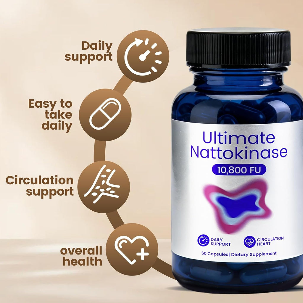 Ultimate Nattokinase Supplement with 10,800 FU of Nattokinase, Natural Support for Circulation & Cardiovascular Health, Odorless Fermented Soy Enzyme, Easy Daily Routine, 60 Capsules