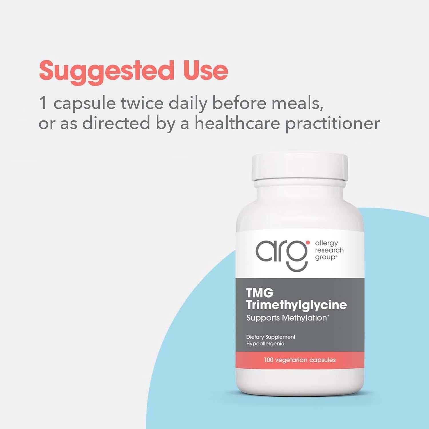 Allergy Research Group ARG TMG Trimethylglycine - Supports Cardiovascular & Liver Health - Delivers 750 Mg Trimethylglycine per Serving - Vegetarian & Hypoallergenic - 100 Servings - 100 Capsules