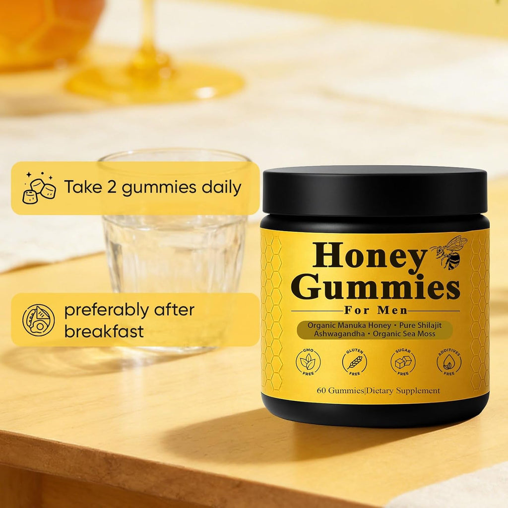 Honey Gummies for Men, Vitality Booster Manuka Honey Gummies, with Shilajit, Ashwagandha, Sea Moss, Improves Endurance, Lowers Cortisol, Reduces Fatigue, Vegan, Non-Gmo (60 Gummies) (1)