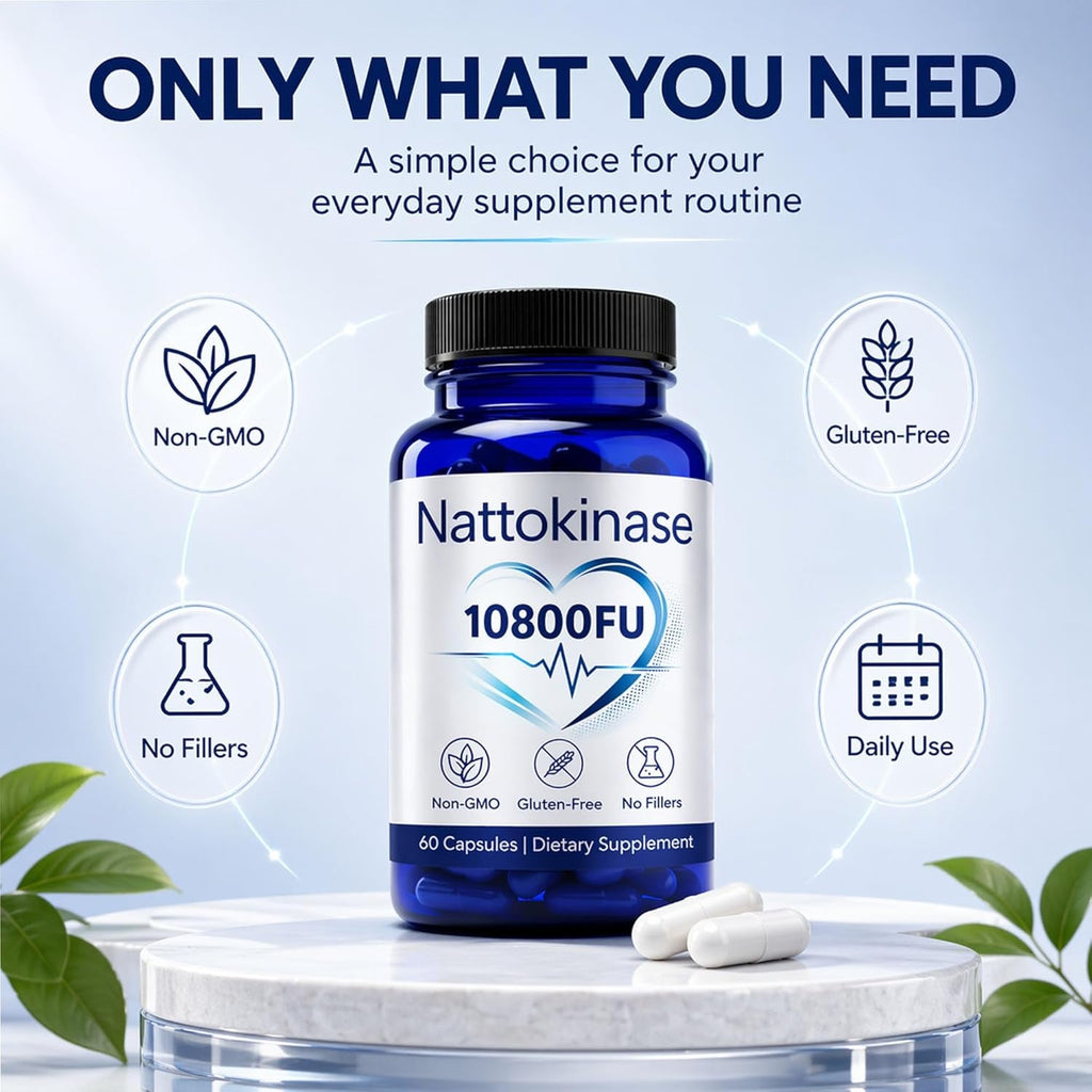 Nattokinase 10800 Fu, Ultimate Nattokinase 10800 Fu, Organic Nattokinase Supplement 10800 Fu, Vegan & Gluten-Free, Daily Health Support, 60 Capsules