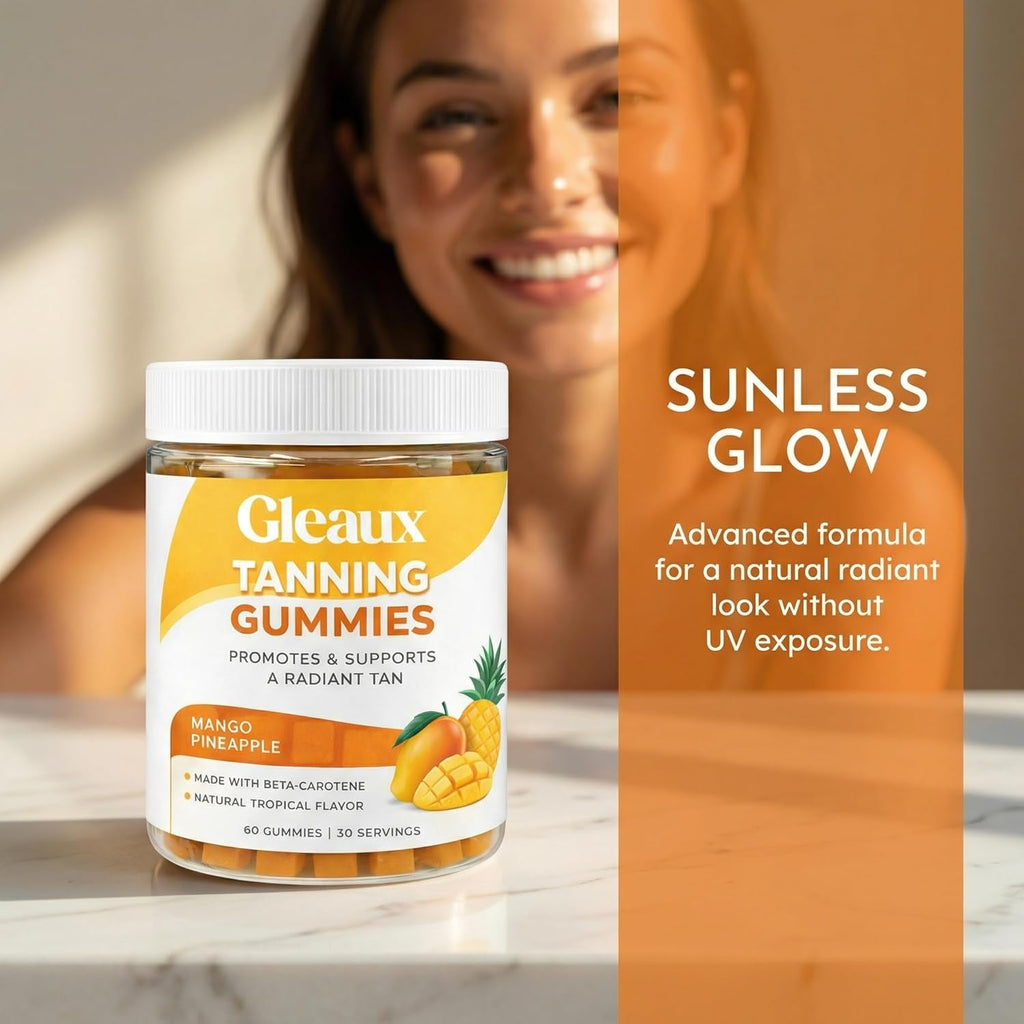 Gleaux Tanning Gummies, Tanning Gummies for Women, Sunless Radiance Support with Beta Carotene, Astaxanthin & Lycopene, for Skin Health & Complexion Support, Mango Pineapple Flavor, 60 Gummies