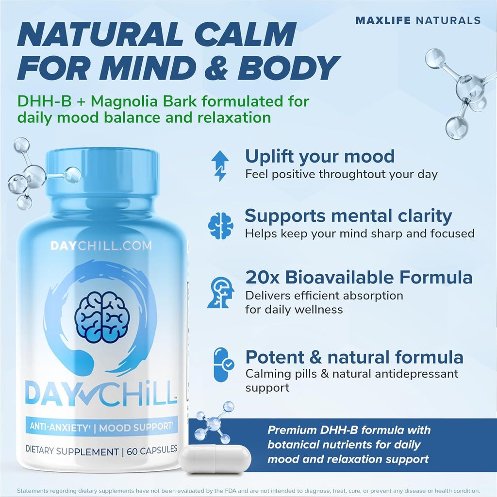 Chill Pill Happy Pills Mood Support Supplement for Women & Men with Magnolia Bark 60 Capsules, DHH-B Dihydrohonokiol-B Calm Pills, Minerals and Chill Formula for Relaxation & Balance, Made in USA