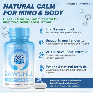 Chill Pill Happy Pills Mood Support Supplement for Women & Men with Magnolia Bark 60 Capsules, DHH-B Dihydrohonokiol-B Calm Pills, Minerals and Chill Formula for Relaxation & Balance, Made in USA