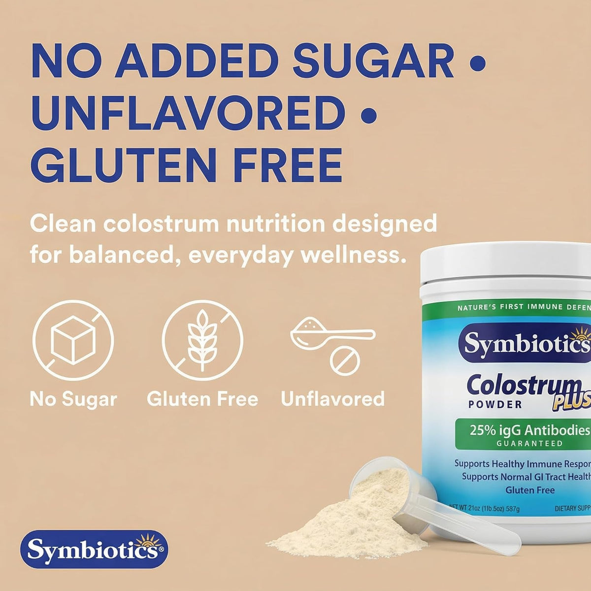 Symbiotics Colostrum plus Powder 21 Oz Immune & Muscle Recovery Support, 25% Igg Immunoglobulins, Gut Health & Training Resilience, Unflavored, Gluten Free - 21 Oz