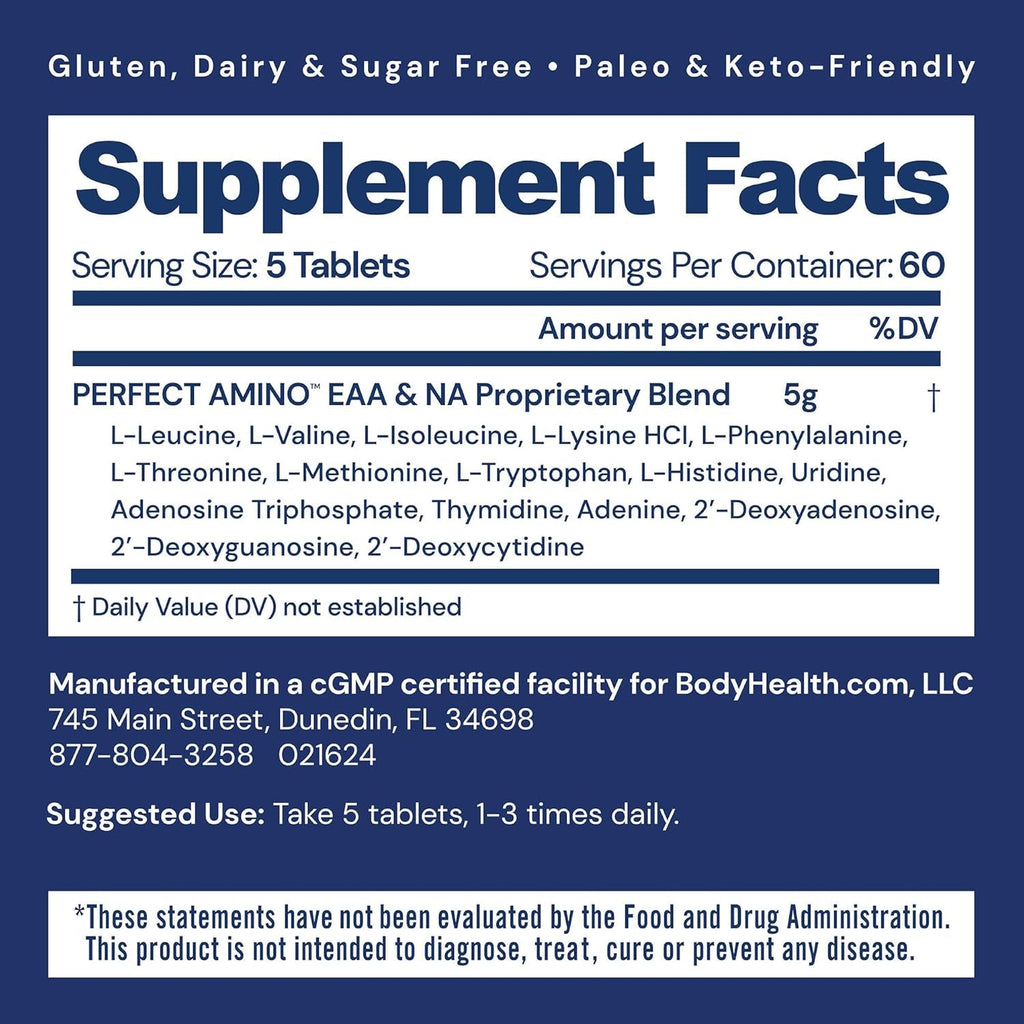 Bodyhealth Perfectamino (300 Tablets) Essential Amino Acid Supplement with BCAA and EAA, Muscle Recovery, Boost Energy & Stamina, 99% Utilization, Vegan Branched Chain Protein Pre/Post Workout