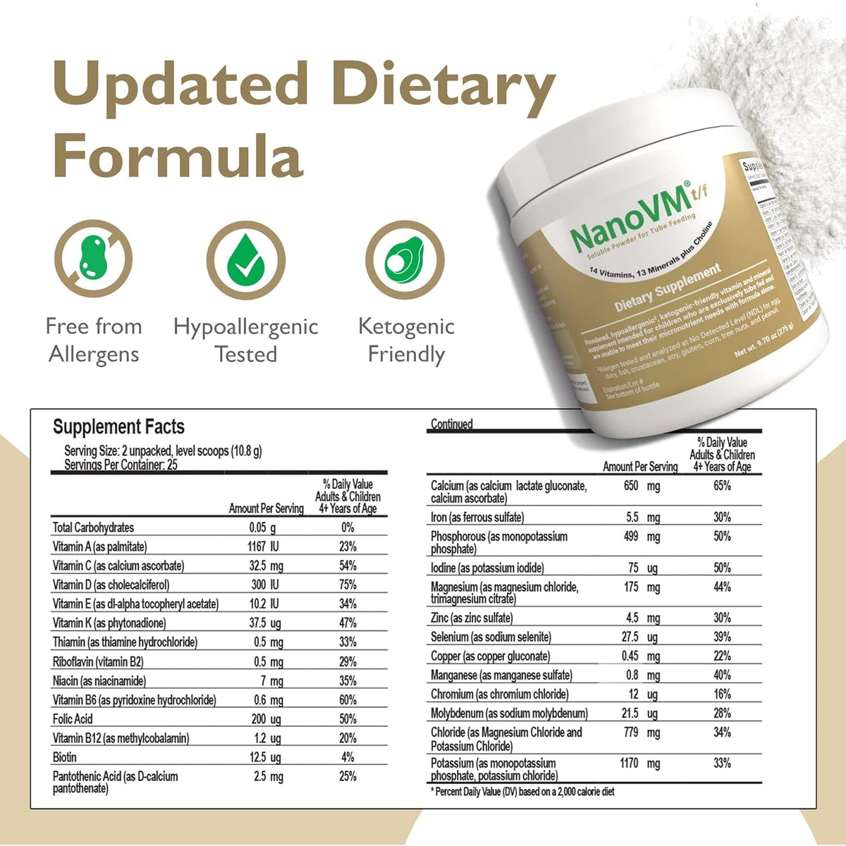 T/F, Dietary Supplement for Tube Feeding, Allergen-Free Kids Multivitamin, Unflavored Vitamin Powder with 14 Vitamins & 13 Minerals, Low-Carb Kids Vitamins, 275G - Solace Nutrition