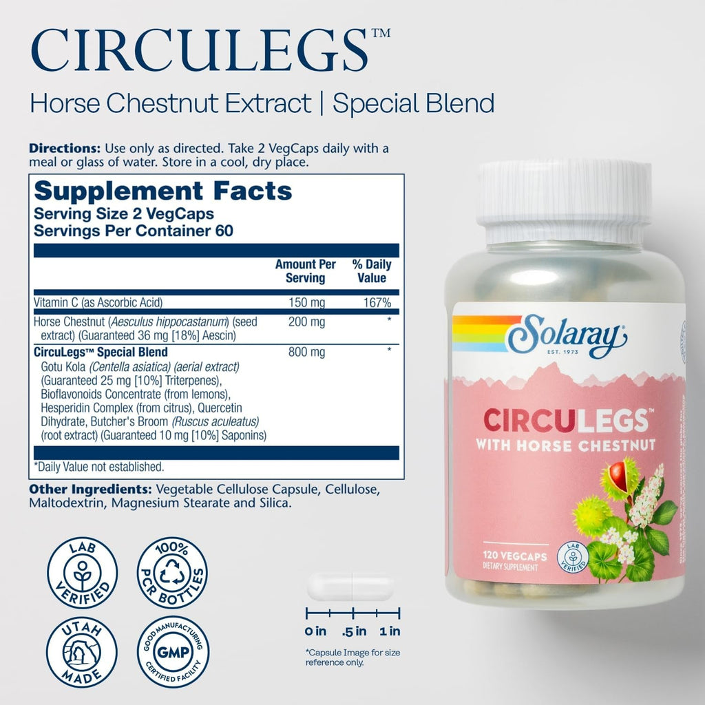 SOLARAY Circulegs - Herbal Supplements for Wellness Support W/Horse Chestnut Extract and Vitamin C, plus Gotu Kola, Flavonoids, Hesperidin Blend - Vegan, Gluten Free, 60-Day Guarantee - 60 Servings