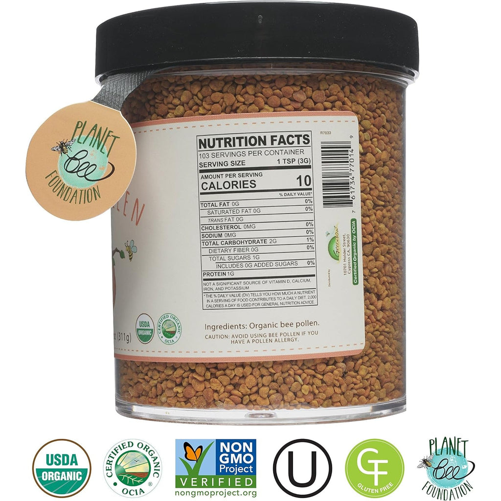 Greenbow Organic Bee Pollen - 100% USDA Certified Organic, Non-Gmo, Halal, Kosher, Certified GMP, Pure & Natural Bee Pollen - Superfood Packed with Proteins, Vitamins & Minerals - Gluten Free - 311G