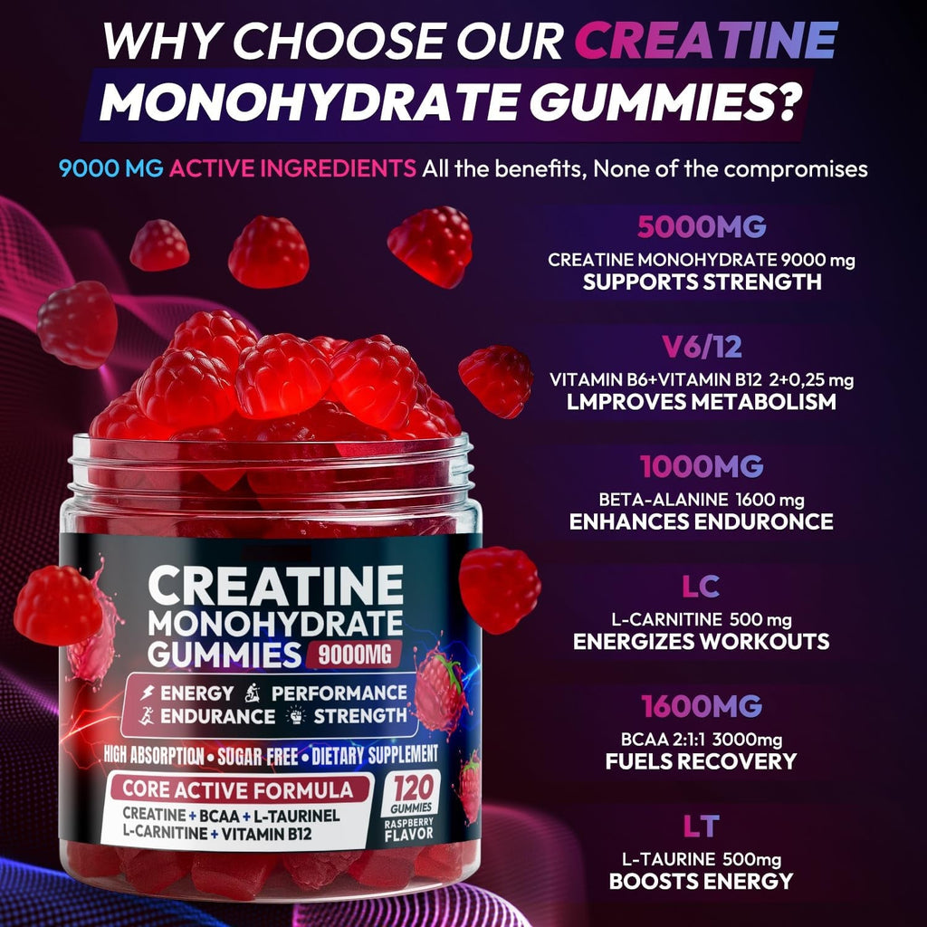 Creatine Gummies Monohydrate Complex, Pre-Workout for Men & Women, Creatine Gummy with L-Taurine, BCAA 2:1, B12/6 for Muscle Support, Enhance Strength, Energy Boost-120 Count
