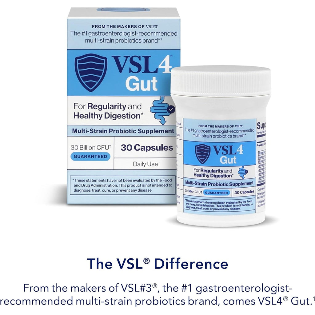 VSL4® Gut Daily Probiotics for Gut Health - 30B Cfus, Multi-Strain Digestive Support for Women & Men, Promotes Gut Balance & Regularity, Potent, Shelf-Stable Probiotic Supplement, 30 Capsules