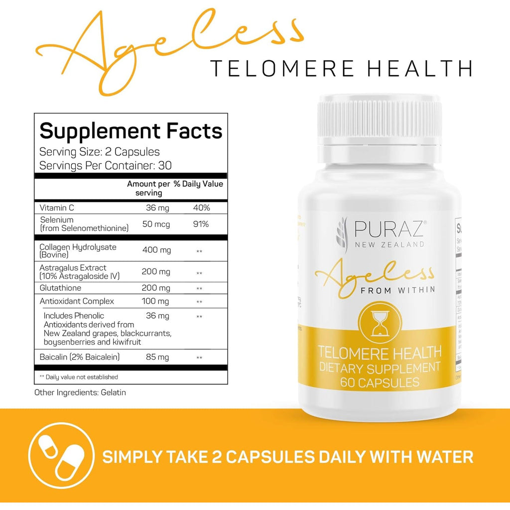 Telomere Supplements with Potent Astragalus Root Extract & Collagen - Advanced Formula for Telomere Lengthening, Anti-Aging Supplement, Longevity, DNA Repair & Antioxidant Defense - 60 Capsules