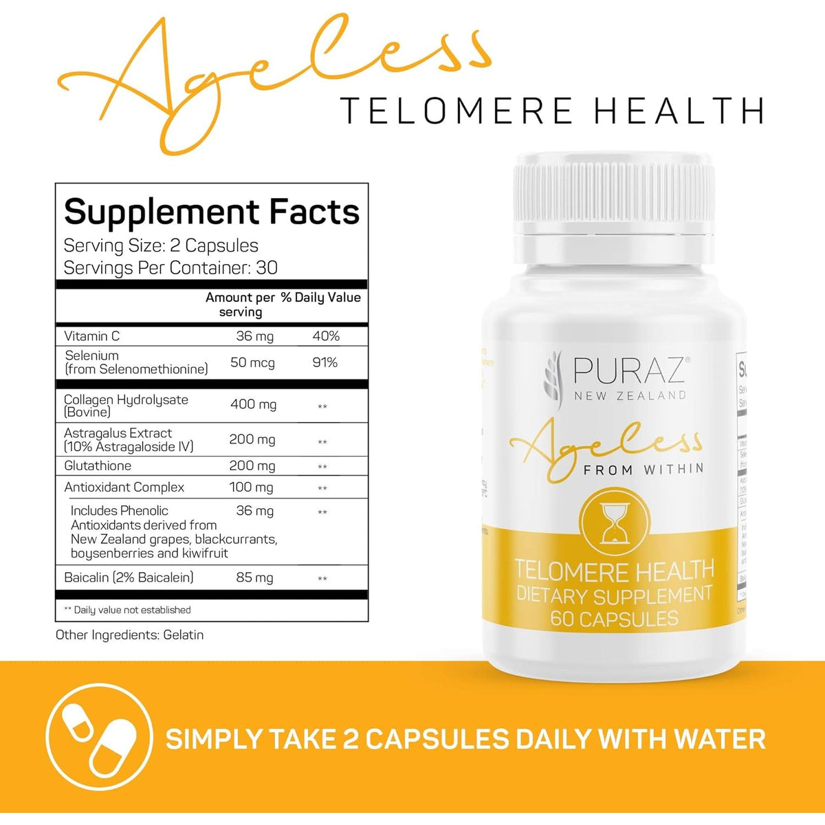 Telomere Supplements with Potent Astragalus Root Extract & Collagen - Advanced Formula for Telomere Lengthening, Anti-Aging Supplement, Longevity, DNA Repair & Antioxidant Defense - 60 Capsules
