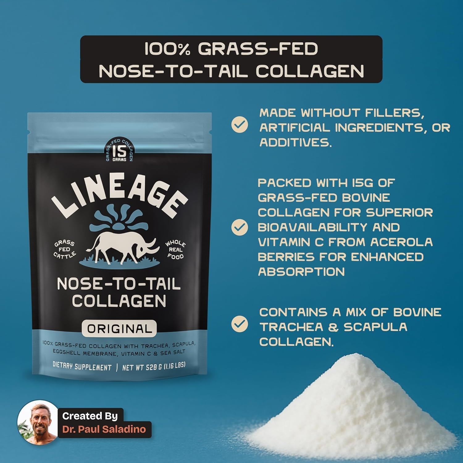 Lineage Provisions 100% Grass Fed Collagen Powder UNFLAVORED – Hydrolyzed Bovine Collagen Peptides with Trachea, Scapula, Eggshell Membrane – Collagen Protein Powder with Vitamin C – 30 Servings