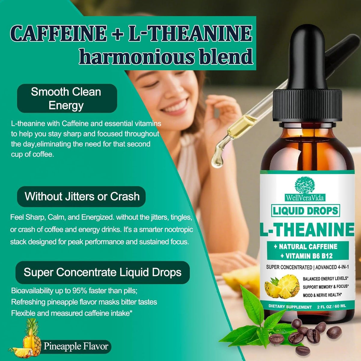 Wellveravida L Theanine Caffeine Liquid Drops, High Potency L-Theanine 100Mg W. Caffeine Vitamin B12 B6, Natural Nootropic Brain for Smooth Energy Focus Alertness, 6X Stronger than Pills Powder Gum