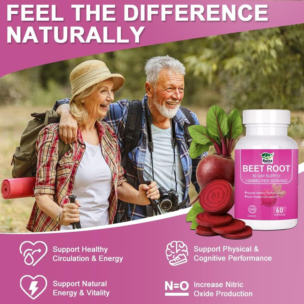 Beet Root Capsules Organic - 1300Mg Beetroot Powder Capsules for Natural Energy - 60 Vegan Beetroot Supplement Supports Blood Pressure, Athletic Performance, Digestive, Immune System (Beetroot)