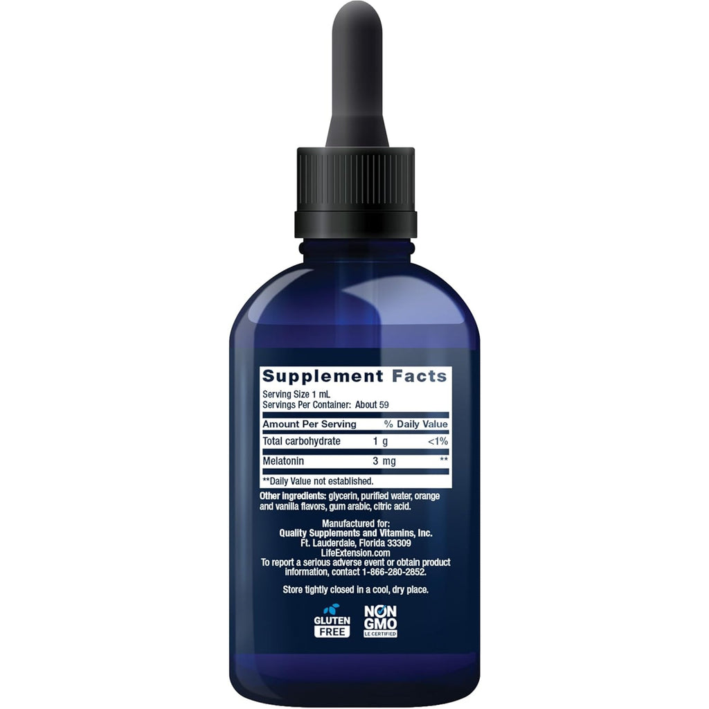 Life Extension Fast-Acting Liquid Melatonin (Citrus-Vanilla Flavor), 3 Mg, Optimal Sleep Support, Healthy Circadian Rhythms, Cellular Defense, Gluten-Free, Non-Gmo, 2 Fl Oz