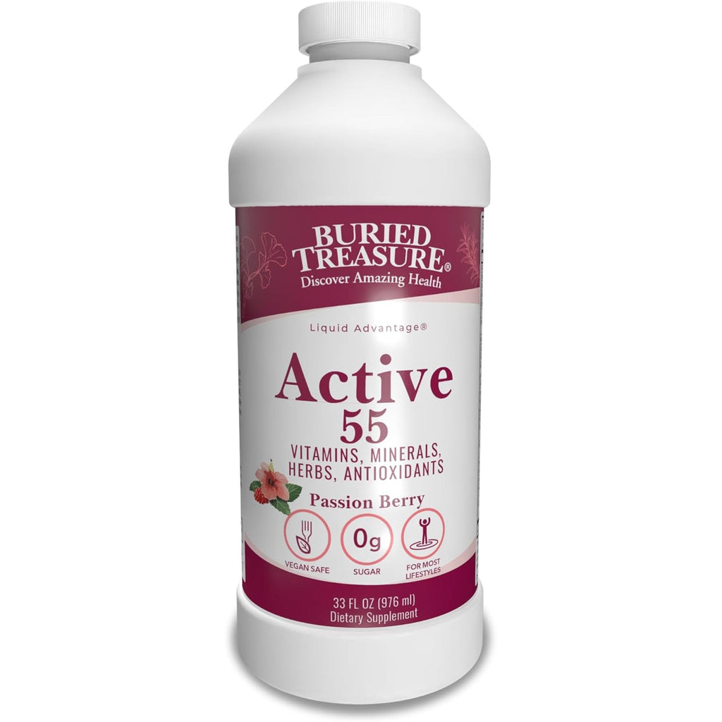 Buried Treasure Active 55 plus - 32 Serv, Liquid Multivitamin for Seniors, Vegan, Sugar-Free, Natural Immune Support, Vitamins & Super-Foods Blend