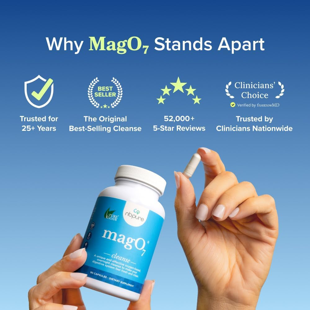 Nbpure Mago7 - Natural Colon Cleanse & Detox | Occasional Constipation Relief, Stool Softening, & Bloating Support for Men & Women | Ozonated Magnesium Oxide, 90 Capsules