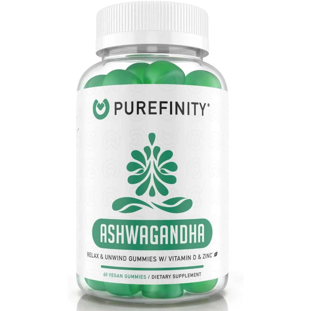 PUREFINITY Ashwagandha Gummies with Vitamin D & Zinc – Supplement for Relaxation, Calming, and Mood Support – Gluten Free, Non-Gmo, Vegan, 60 Count