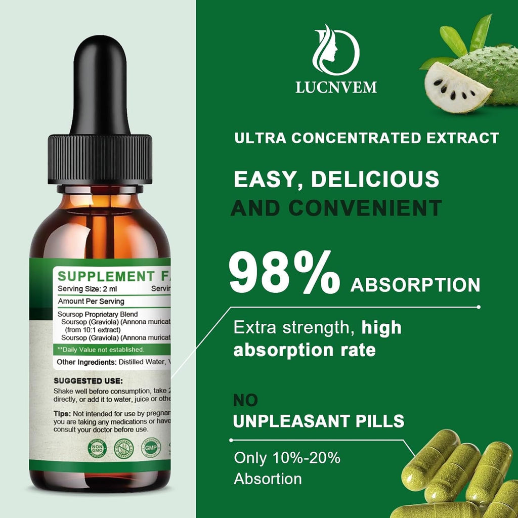 Soursop Graviola Bitters Liquid Drops, Soursop Extract Organic Pure Rich in Multivitamin for Natural Antioxidant, Cell Support & Regeneration, Immune Boost, 4 Fl OZ - 60 Day Vegan Supply