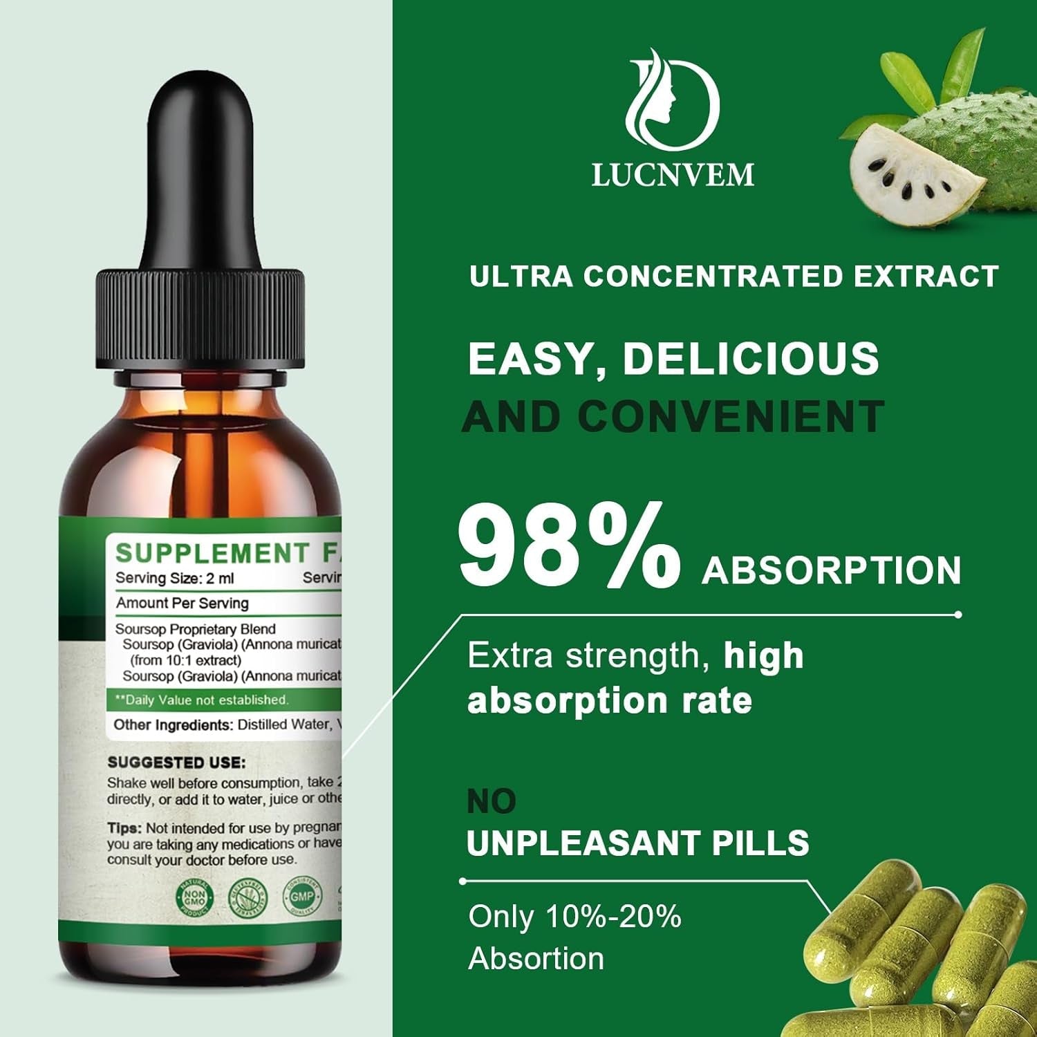 Soursop Graviola Bitters Liquid Drops, Soursop Extract Organic Pure Rich in Multivitamin for Natural Antioxidant, Cell Support & Regeneration, Immune Boost, 4 Fl OZ - 60 Day Vegan Supply