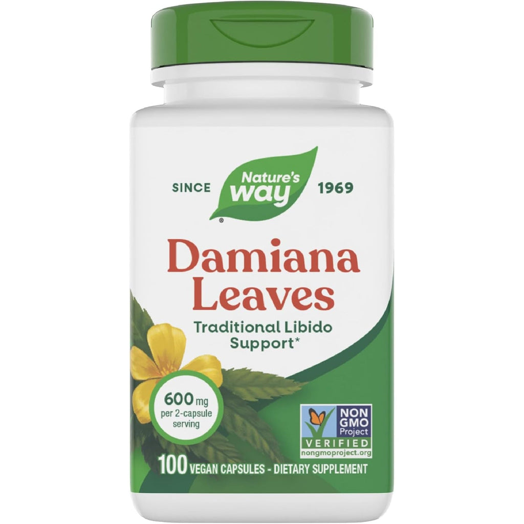 Nature'S Way Damiana Leaves, Traditional Libido Support*, Damiana Leaf Supplement, 600 Mg per 2-Capsule Serving, Non-Gmo Project Verified, Vegan, 100 Capsules (Packaging May Vary)