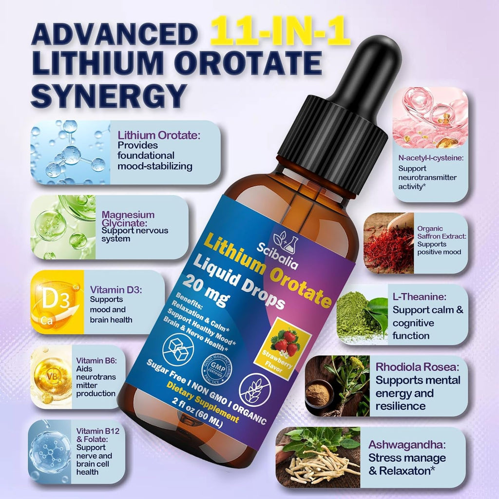 Lithium Orotate Liquid Drops 20Mg, Potency 11-In-1 Lithium Supplement W. NAC Magnesium Ashwagandha Theanine Vitamin D3 B6 B12 for Memory Brain Mood Cognitive Support, Non-Gmo Gluten Free