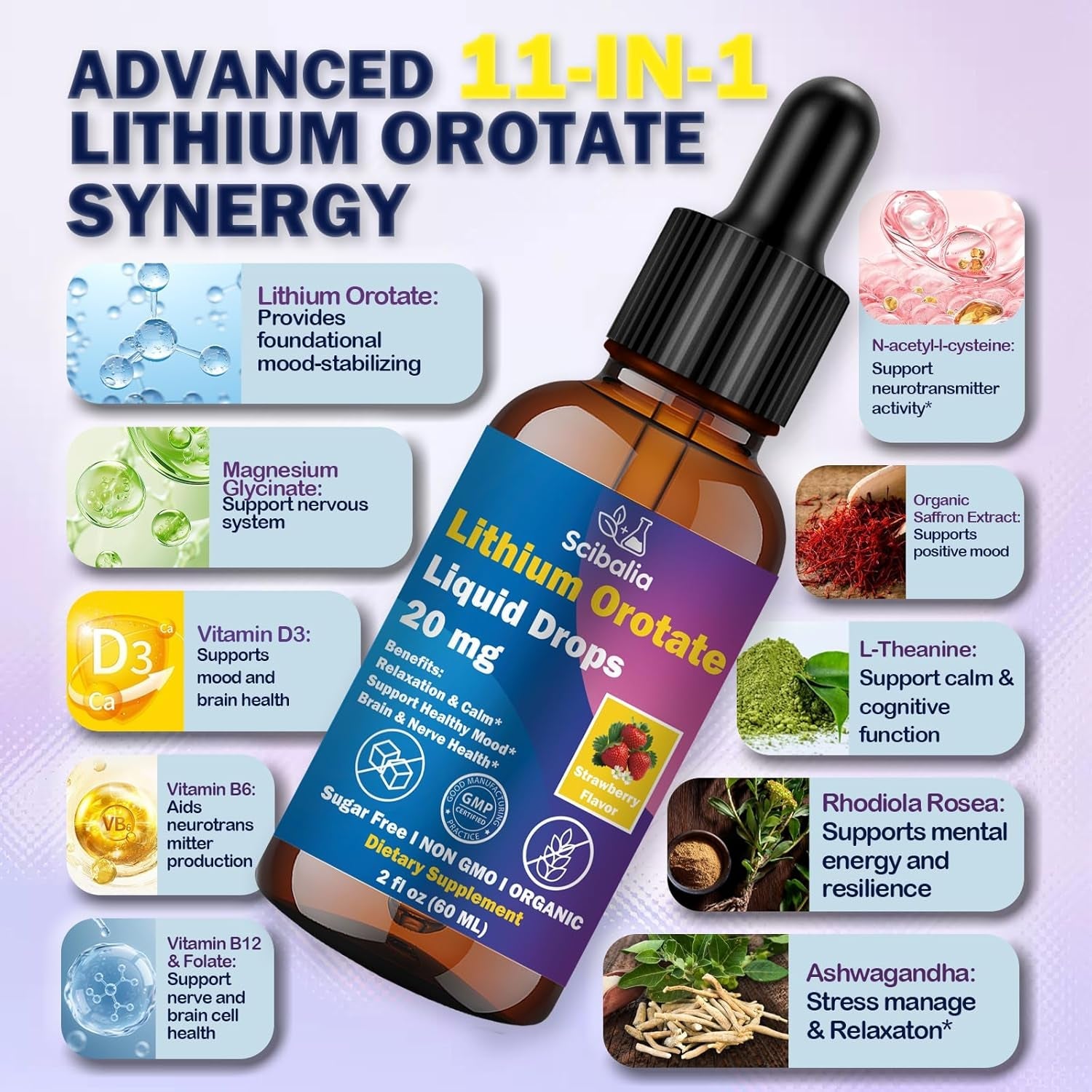 Lithium Orotate Liquid Drops 20Mg, Potency 11-In-1 Lithium Supplement W. NAC Magnesium Ashwagandha Theanine Vitamin D3 B6 B12 for Memory Brain Mood Cognitive Support, Non-Gmo Gluten Free