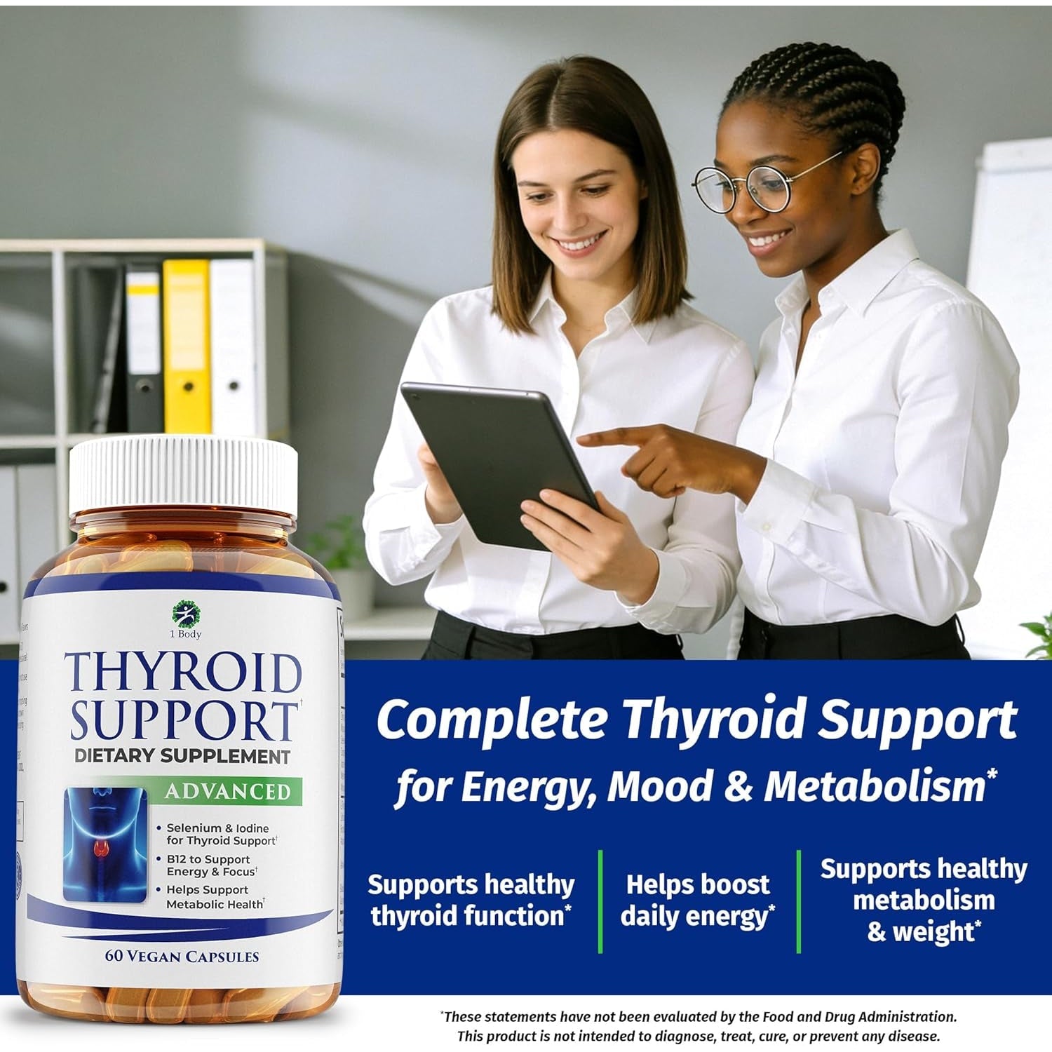 1 Body Thyroid Support Supplement for Women and Men, Selenium with Iodine, Zinc, B12, Ashwagandha and L-Tyrosine, Supports Hormone Health, Energy and Metabolism, 30 Day Supply
