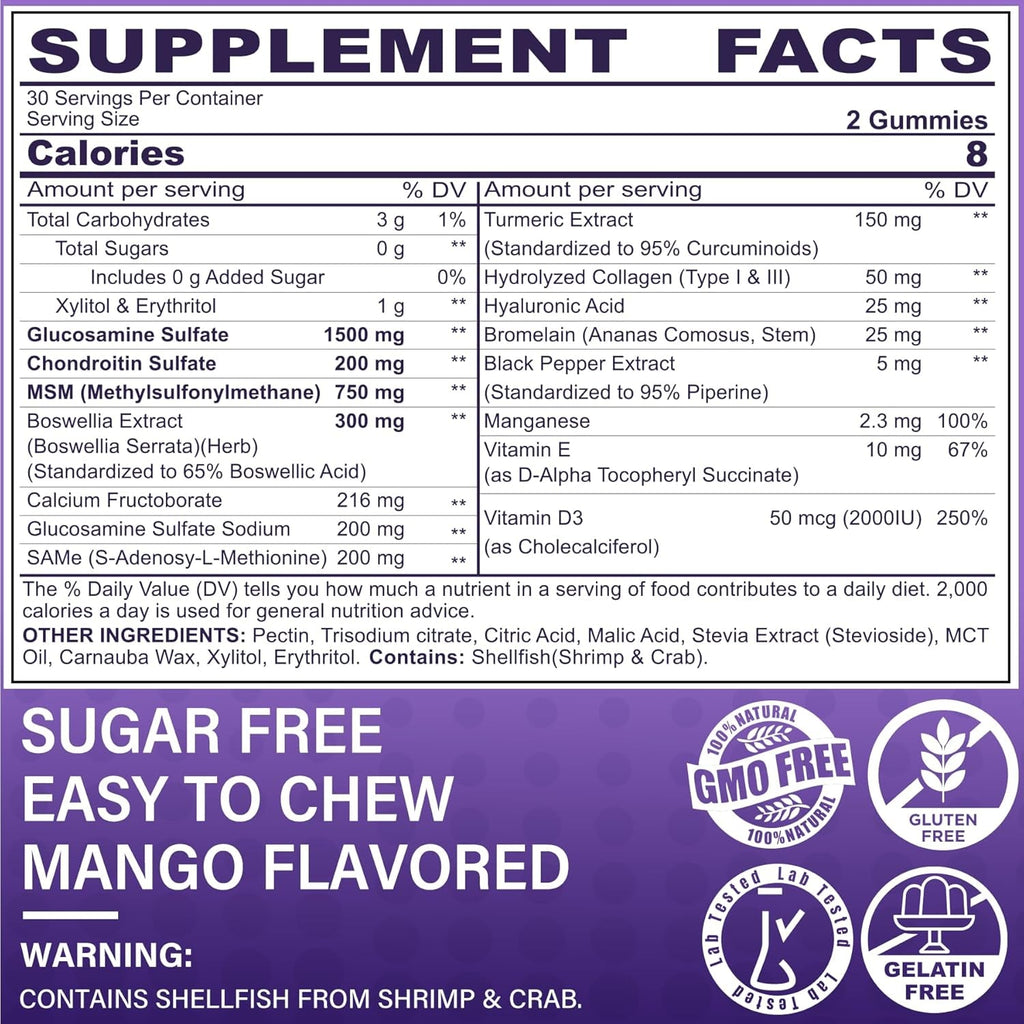 Glucosamine Chondroitin Gummies, Sugar Free Glucosamine Chondroitin MSM Supplement, Extra Strength with Boswellia Turmeric, Hydrolyzed Collagen & Hyaluronic Acid, Bone Health for Men & Women, 120 Cts