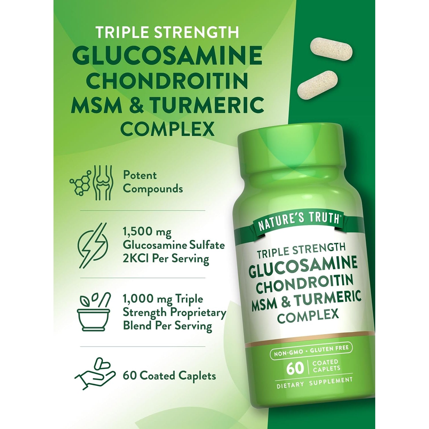 Nature'S Truth Glucosamine Chondroitin MSM Complex | 60 Caplets | with Turmeric | Triple Strength Formula | Non-Gmo and Gluten Free Supplement