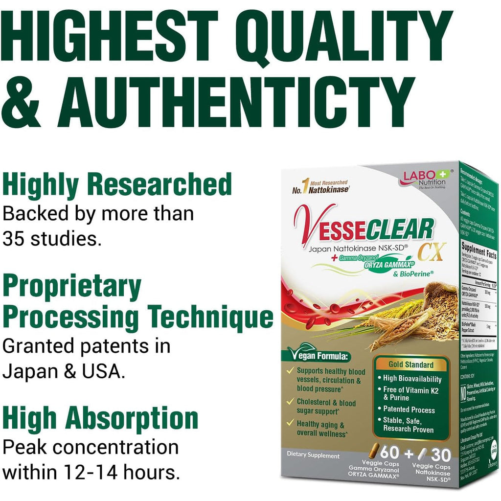LABO Nutrition Vesseclear CX: Nattokinase NSK-SD + Gamma Oryzanol for Clean Blood Vessel & Healthy Ageing, Japan'S Most Clinically Studied, Support Healthy Cholesterol, Heart, Vegan, Acid-Resistant