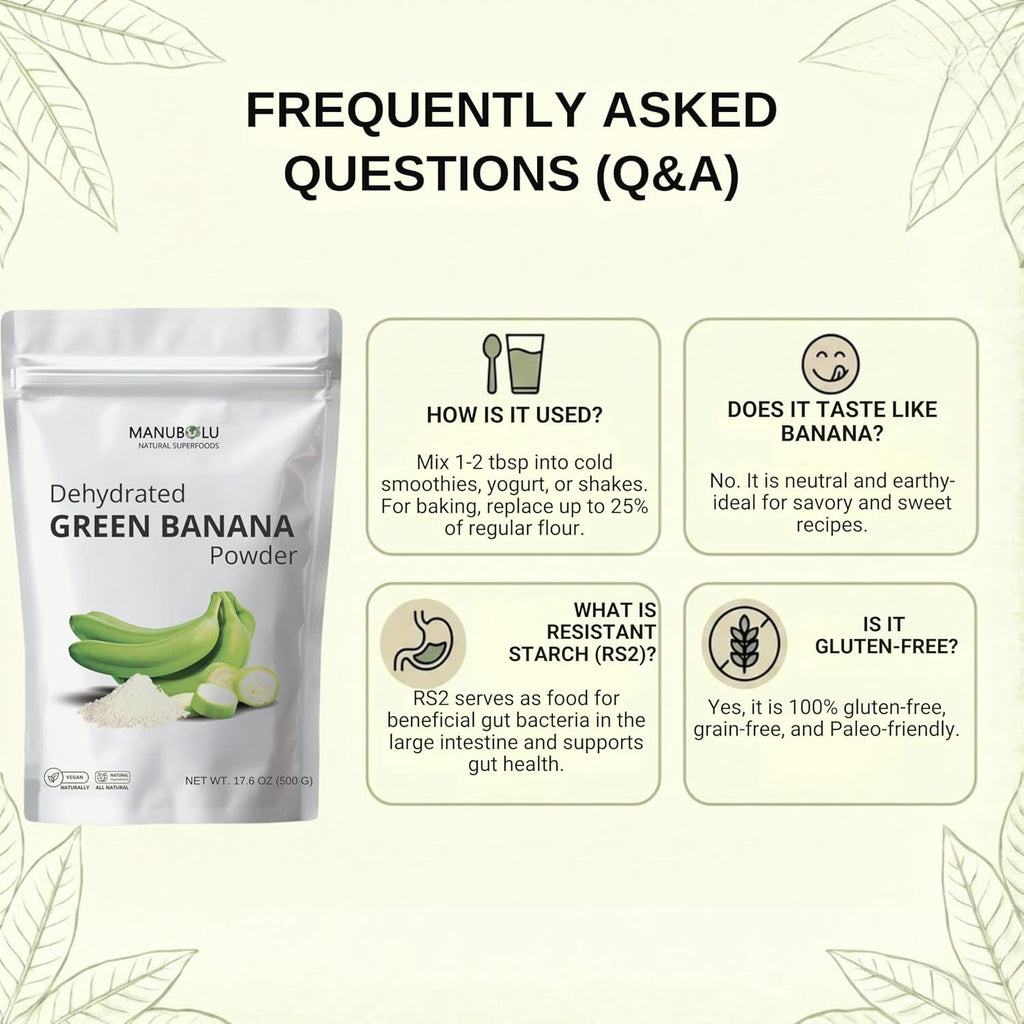 MANUBOLU Resistant Starch Green Banana Powder 1.1 Lb | Prebiotic Fiber | 100% Natural, Sugar Free | Gluten Free, Paleo & Vegan Superfood | 500G