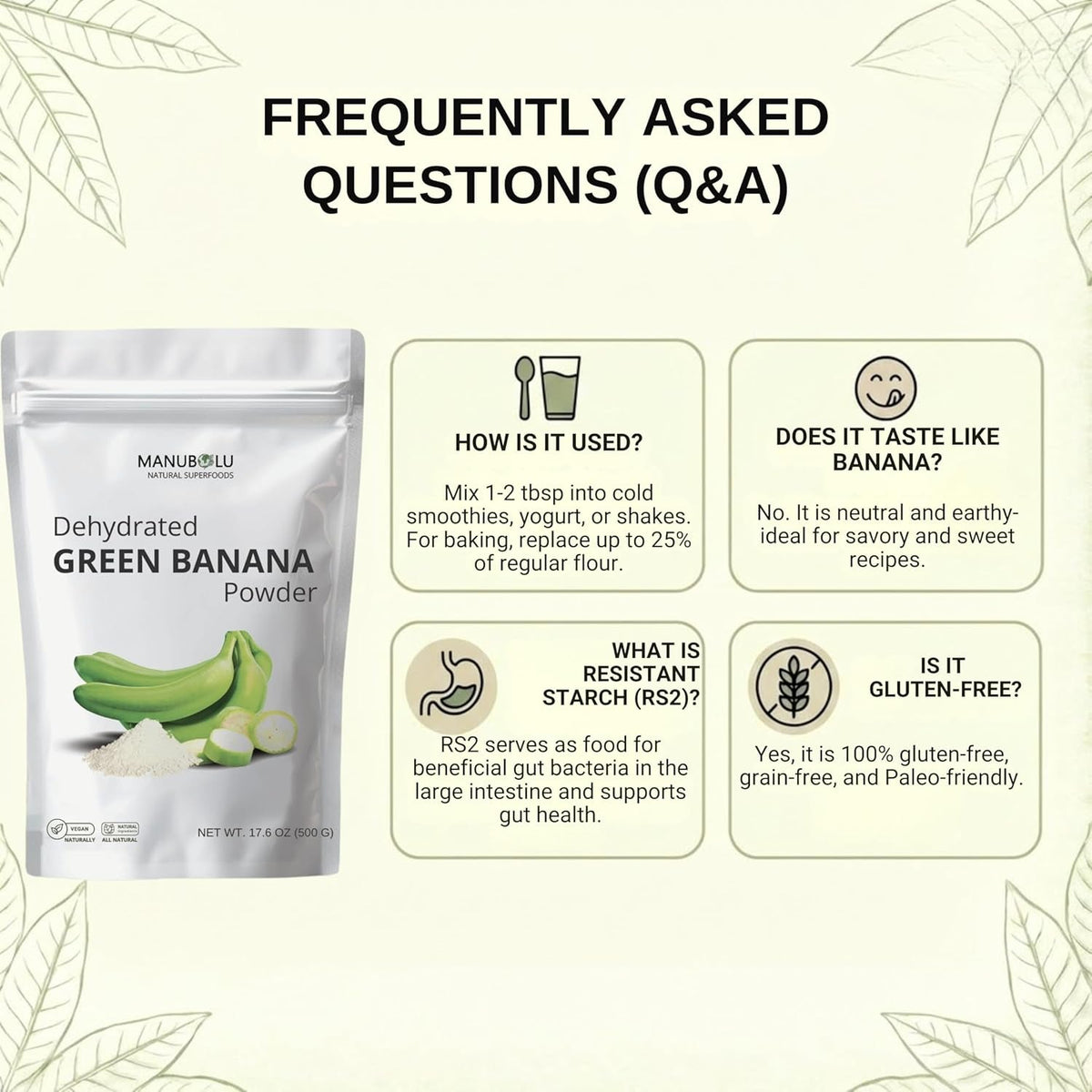 MANUBOLU Resistant Starch Green Banana Powder 1.1 Lb | Prebiotic Fiber | 100% Natural, Sugar Free | Gluten Free, Paleo & Vegan Superfood | 500G