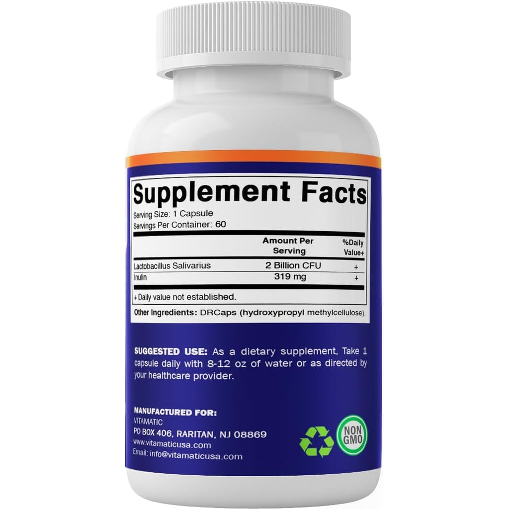 Vitamatic Lactobacillus Salivarius 2 Billion per DR Capsule - 60 Count - Digestive Support - Made with Prebiotic Inulin Fiber (1 Bottle)