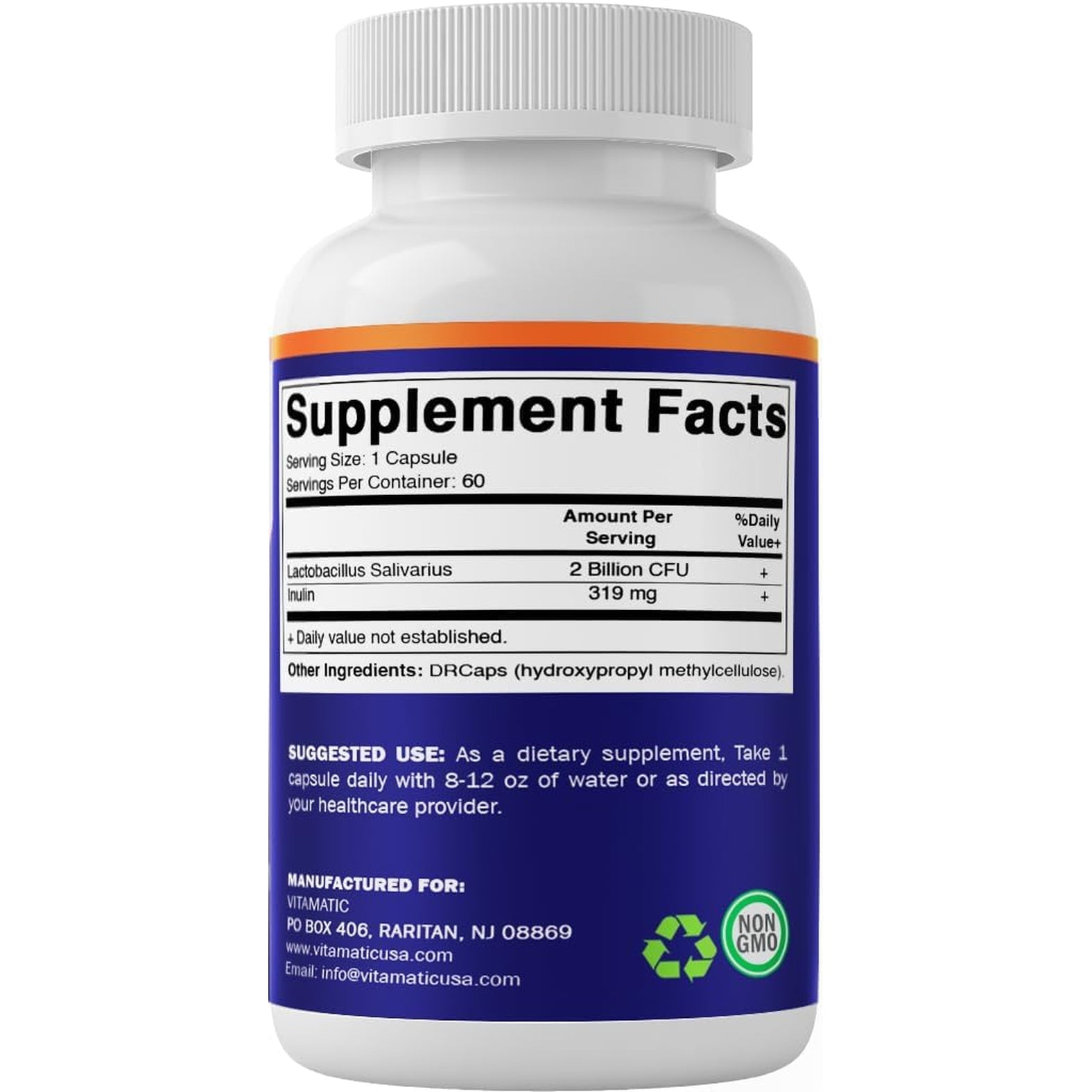 Vitamatic Lactobacillus Salivarius 2 Billion per DR Capsule - 60 Count - Digestive Support - Made with Prebiotic Inulin Fiber (1 Bottle)