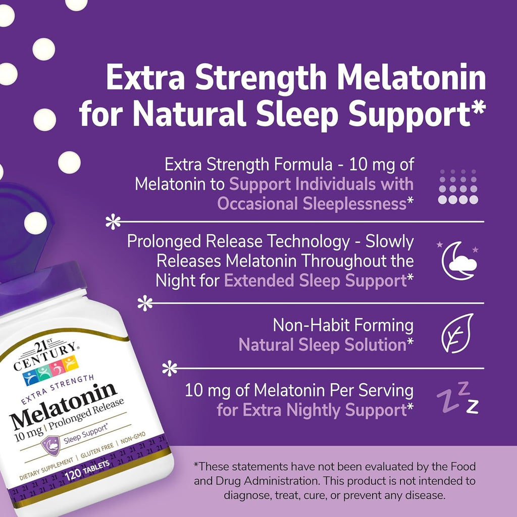 SMART MONKEY TECHNOLOGIES 21St Century Melatonin 10Mg Time Release, 120 Tablets | Non-Habit Forming Sleep Aid for Adults | Jet Lag & Shift Work | Promotes Restful Sleep | Gluten-Free & Non-Gmo