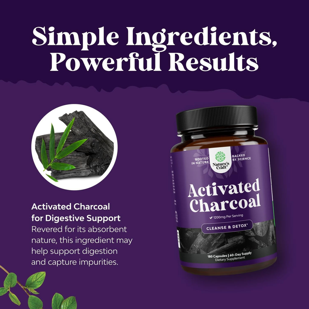 Natures Craft Activated Charcoal Pills Detox & Cleanse - Purifying Coconut Capsules with 1200 Mg per Serving for Bloating Relief - Active Detox Supplement for Body & Gut Health -180 Count