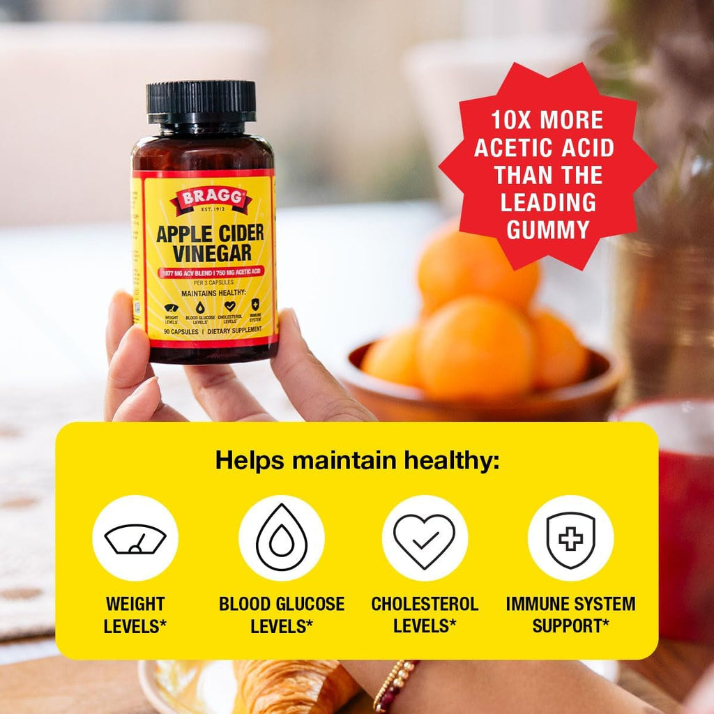 Bragg Organic Apple Cider Vinegar Capsules with Vitamin D and Zinc - 90 Count - Supports Immune System