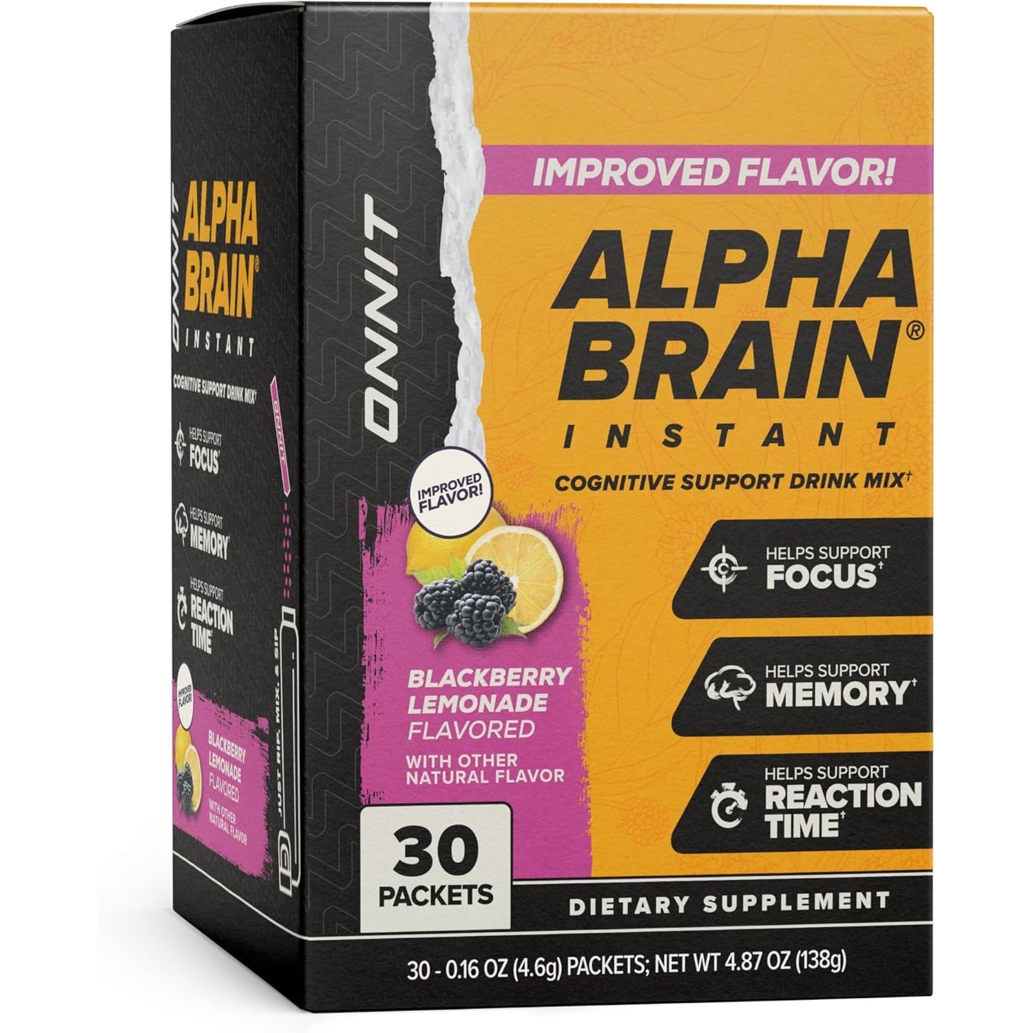 ONNIT Alpha Brain Instant Cognitive Support Drink Mix, Blackberry Lemonade Flavor, Nootropic Supplement for Focus, Memory, and Clarity, 0.13 Oz Packets, 30 Count