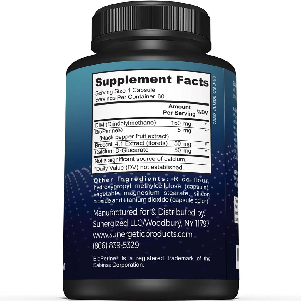Sunergetic Premium DIM Supplement – 150Mg Diindolylmethane, Broccoli, Calcium D-Glucarate & Bioperine for Men & Women – DIM Complex for Menopause Support & Balance - 60 Capsules