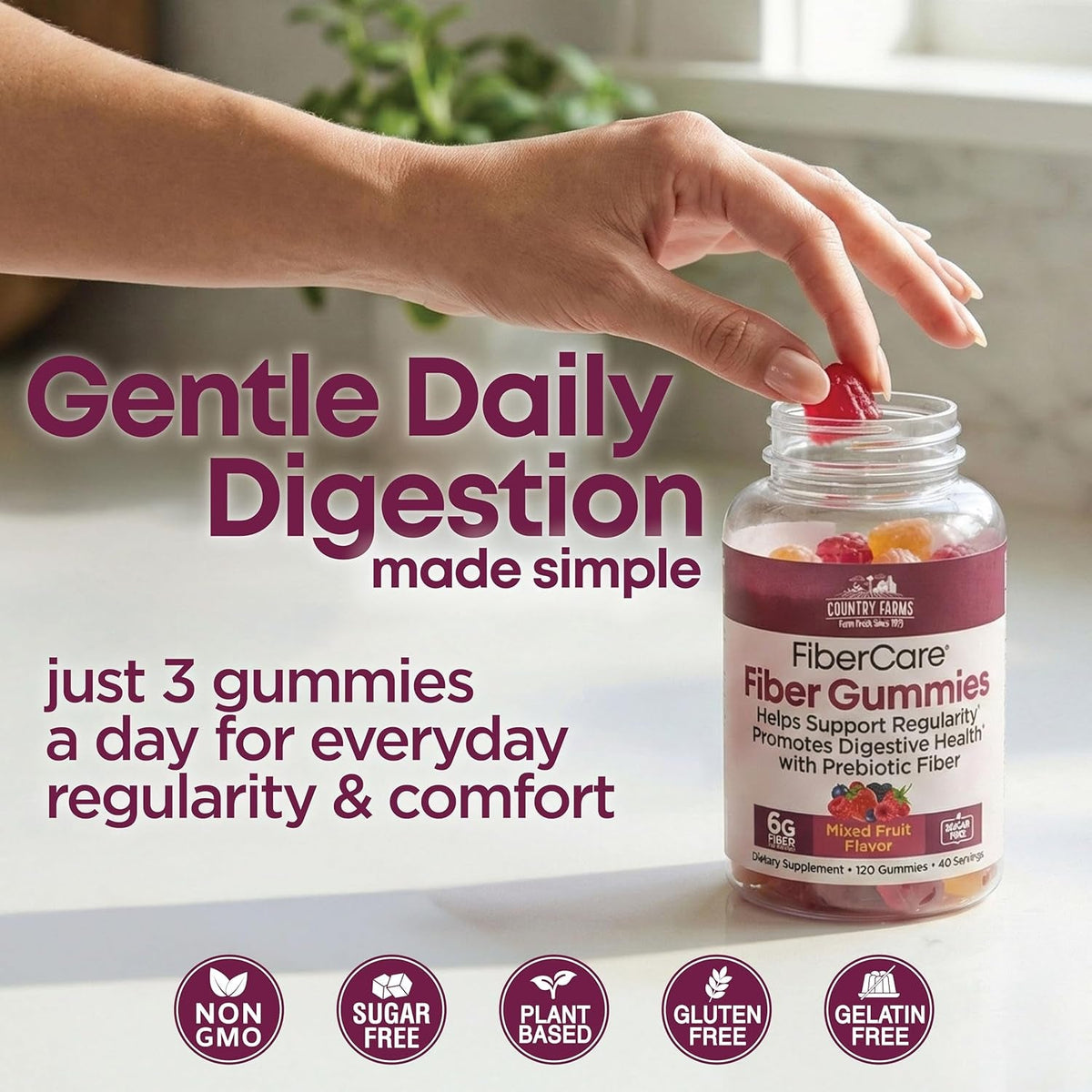 Country Farms Fiber Care Prebiotic Gummies, 6G of Fiber per Serving, GLP-1 Booster, FOS from Beets, Digestive Health and Bloat, Supports Regularity, Mixed Fruit Flavor, 120 Gummies, 40 Servings