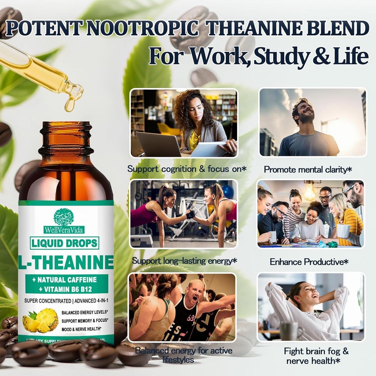 Wellveravida L Theanine Caffeine Liquid Drops, High Potency L-Theanine 100Mg W. Caffeine Vitamin B12 B6, Natural Nootropic Brain for Smooth Energy Focus Alertness, 6X Stronger than Pills Powder Gum