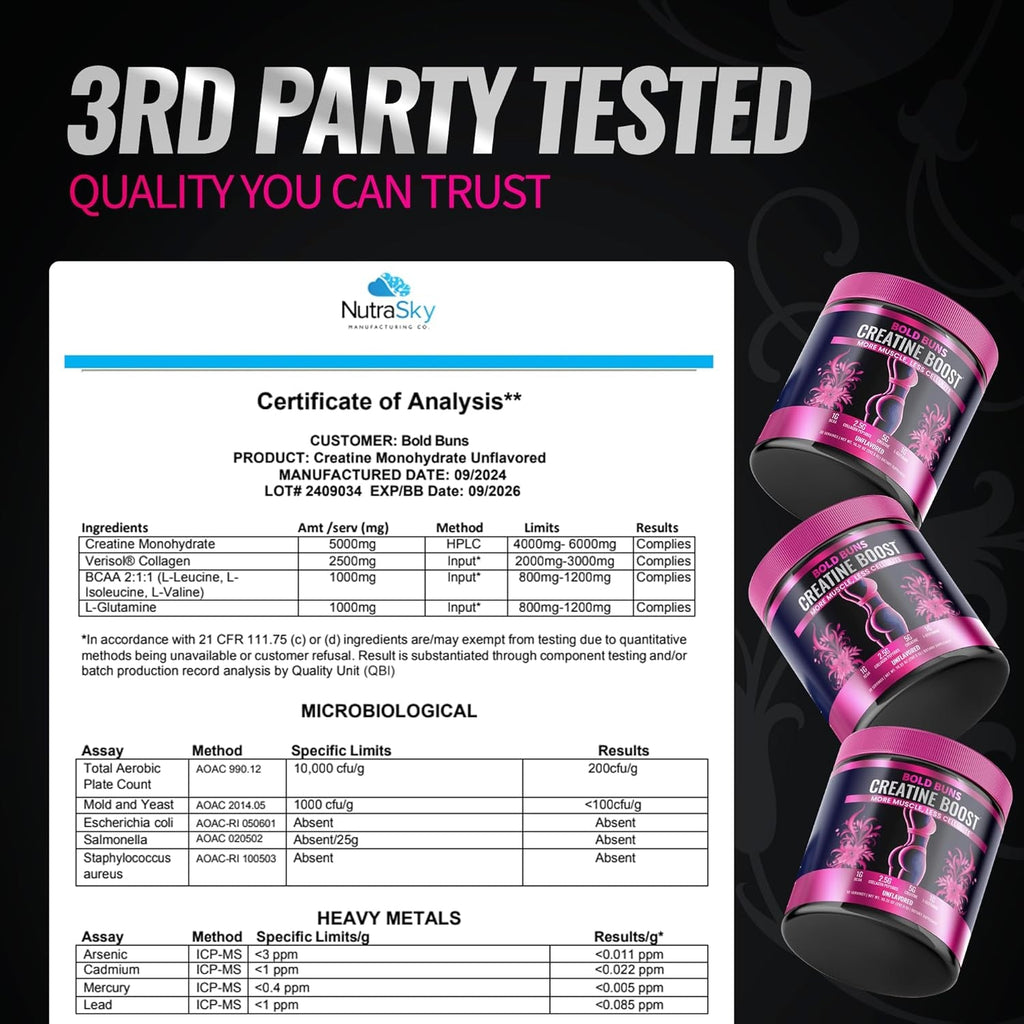 Bold Buns Creatine for Women – Supplement with Collagen & BCAA – Supports Muscle Development, Post-Workout Recovery, Skin Elasticity, Healthy Hair & Nail (30 Servings, Unflavored)