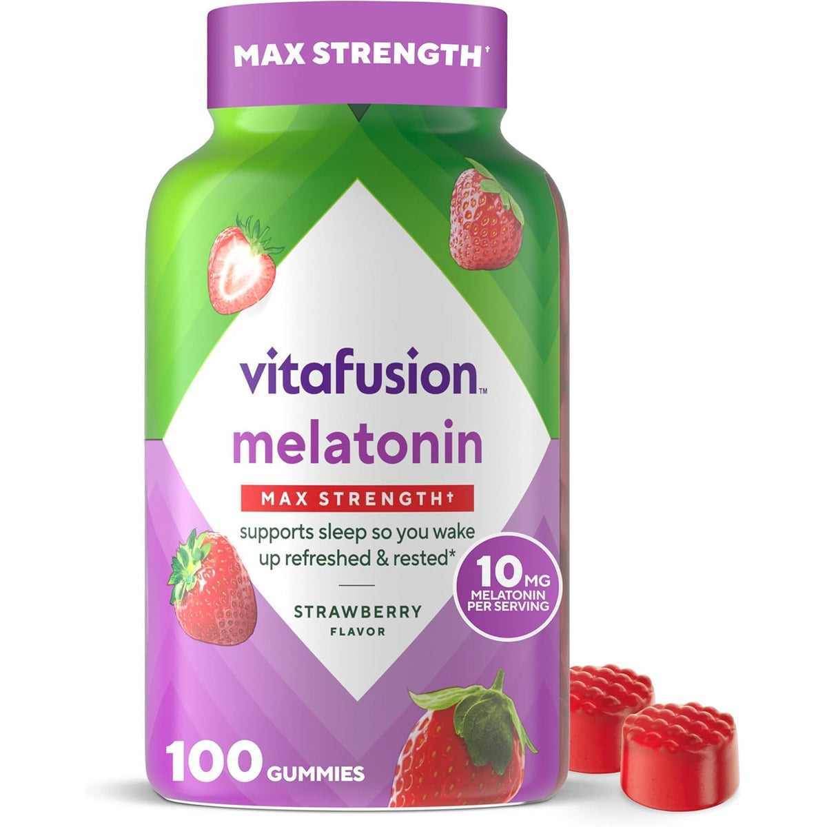 Vitafusion Max Strength 10 Mg Melatonin Gummies, Strawberry Flavored, Adult Melatonin Gummy Vitamin Supplement, 100 Count, 50 Day Supply
