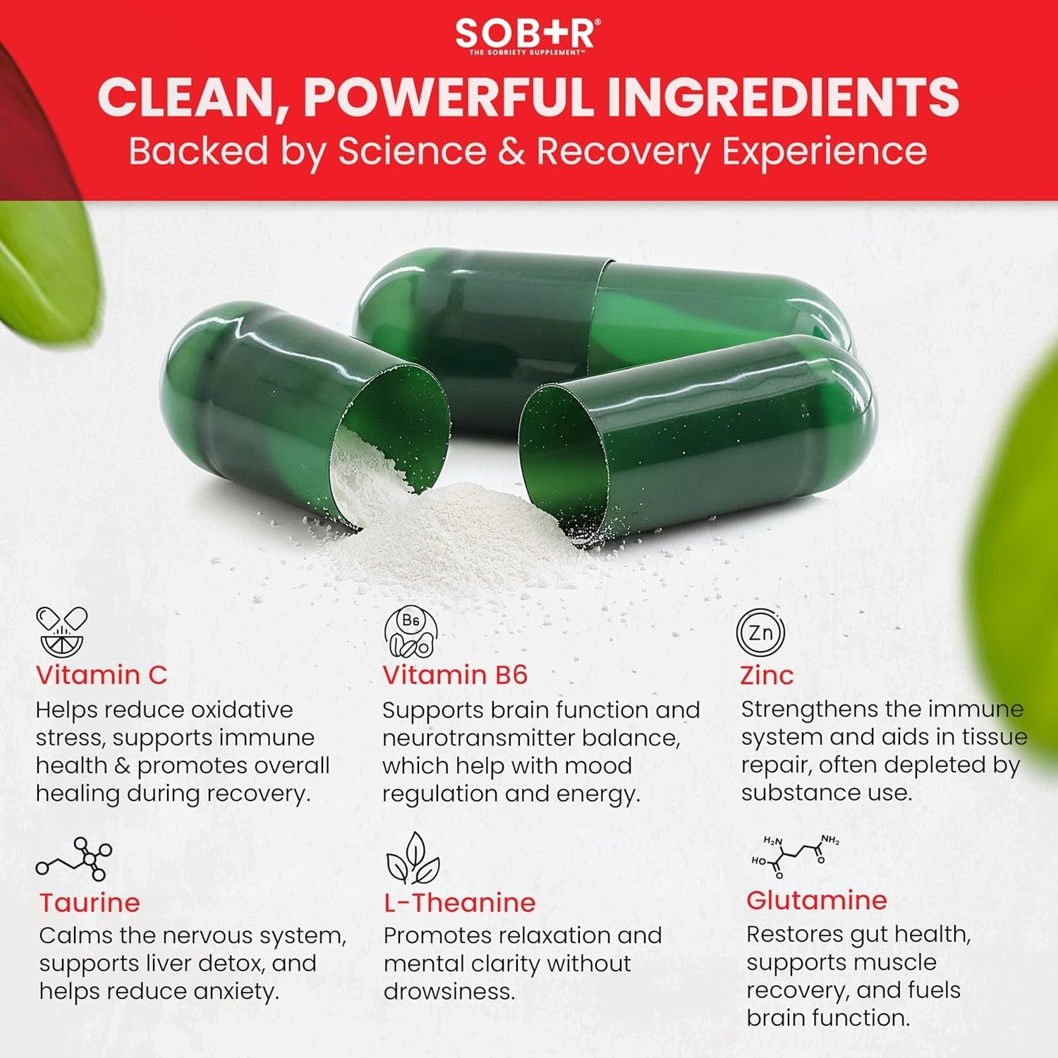 SOB+R Natural Drug Recovery Supplement | Alcohol Craving Blocker for Addiction Support | Restores Nutrients, Boost Mental Clarity | Vegetarian Capsules - Therapist Formulated, Made in USA | 30 Count