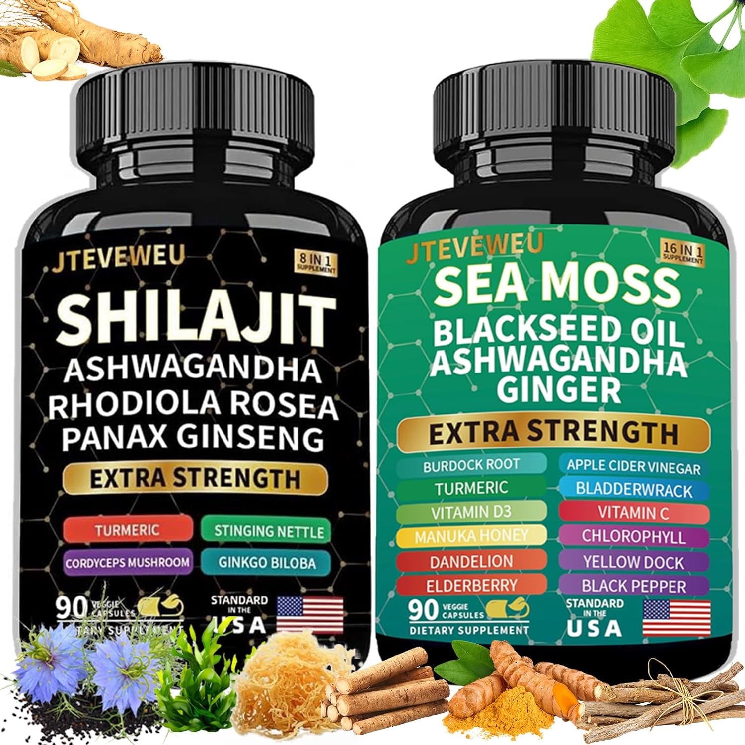 Shilajit and Sea Moss Bundle- 90 Count - Sea Moss, Ashwagandha, Shilajit, Rhodiola Rosea & Ginger, All in 1 Supplements
