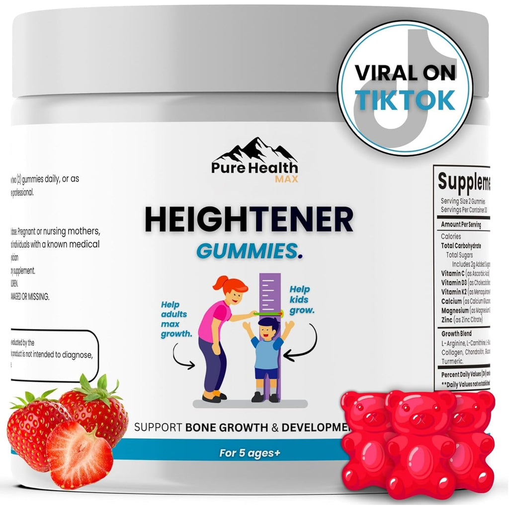 Heightener Gummies - Natural Height Growth Supplement for Kids, Teens and Adults to Increase Bone Strength and Grow Tall | Height Maximizer Pills with L-Arginine, Calcium & Zinc | 60 Gummy