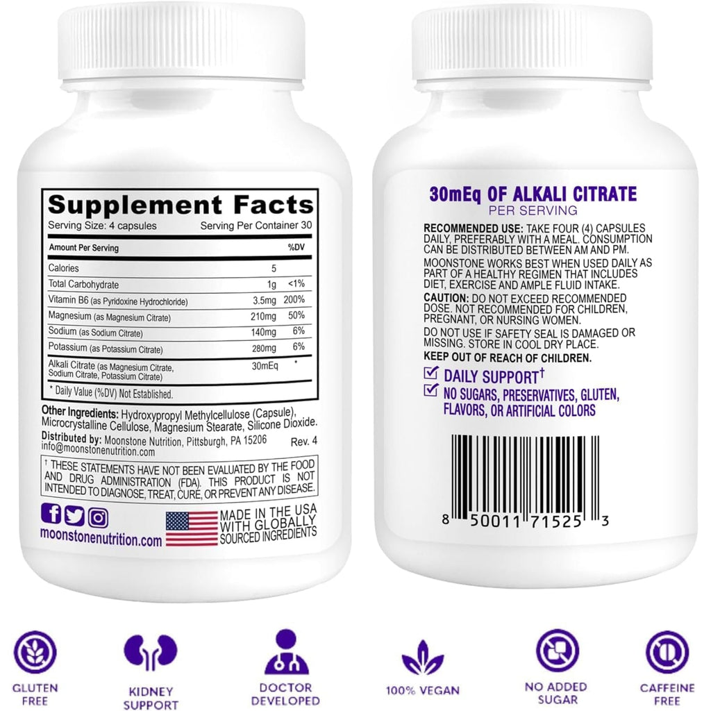 Moonstone Stone Stopper Capsules, Kidney Stone Prevention, Calcium Oxalate Protector, Alkali Citrate Support Supplement, Developed by Urologists to Support Kidney Health, 30 Day Supply (120 Count)